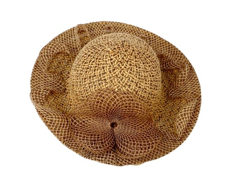 Top view of large brown ladies hat, isolated on white background.