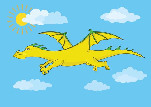 Cartoon, golden fairy dragon flies in the cloudy blue sky