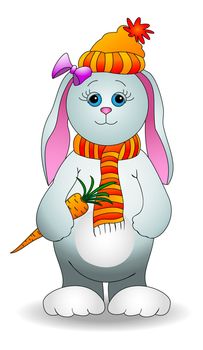 Cartoon, toy girl rabbit in a winter cap with a carrot in the leg