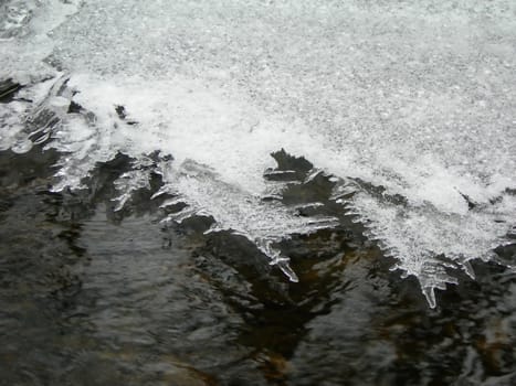              Brook is covered by ice and water flows under them with a small strem            