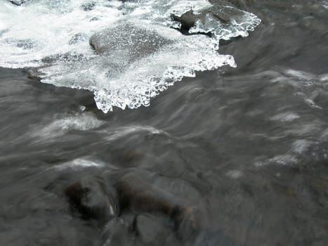 Brook is covered by ice and water flows under them with a small strem                            