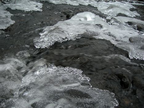           Brook is covered by ice and water flows under them with a small strem