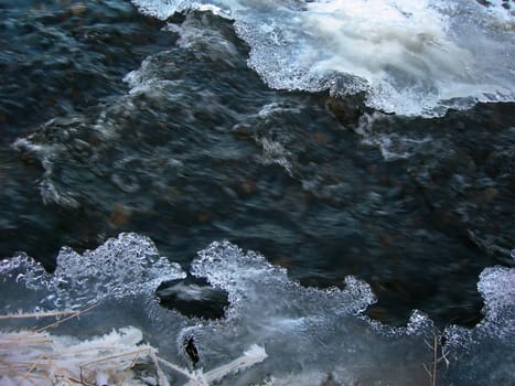                  Brook is covered by ice and water flows under them with a small strem                  