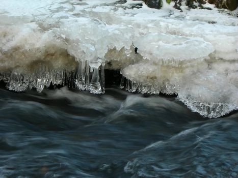  Brook is covered by ice and water flows under them with a small strem            