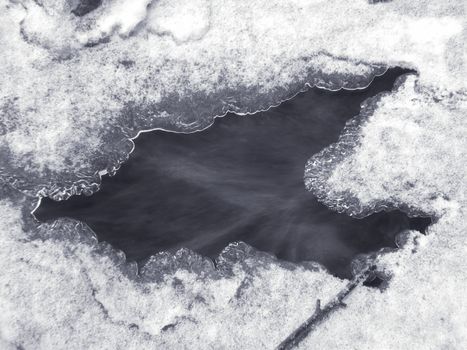        Brook is covered by ice and water flows under them with a small strem                       