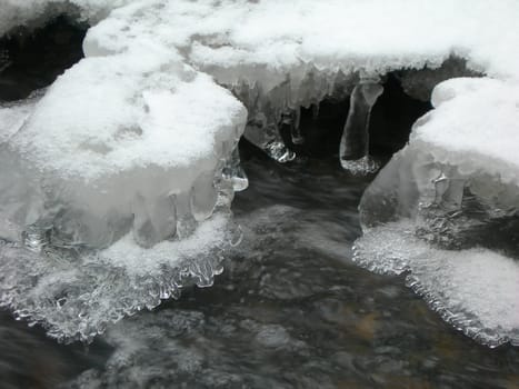    Brook is covered by ice and water flows under them with a small strem                  