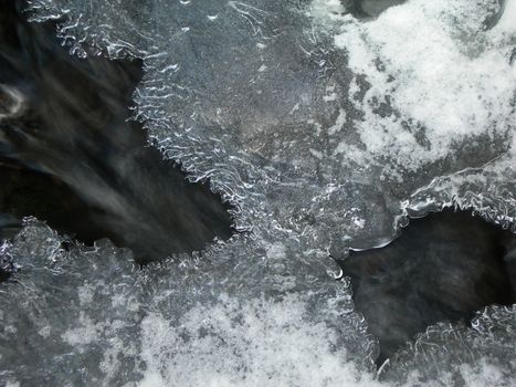           Brook is covered by icicles and water flows under them with a small strem