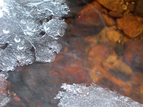                  Brook is covered by ice and water flows under them with a small strem                  