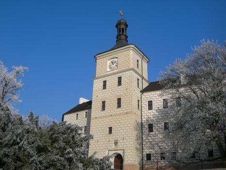           Medieval castle in the Czech town Breznice in winter