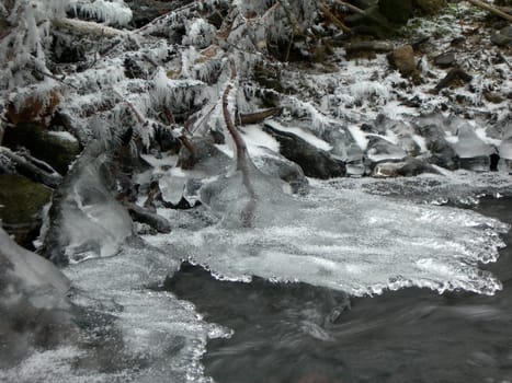 Flowing water in a brook is covered by clear ice