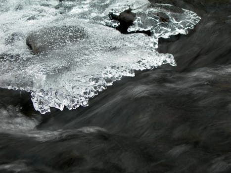 Flowing water in a brook is covered by clear ice