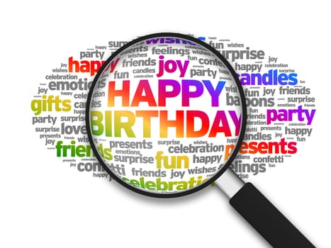 Magnified illustration with the words Happy Birthday on white background.