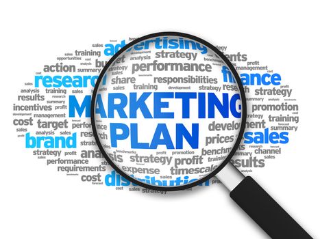 Magnified illustration with the words Marketing Plan on white background.
