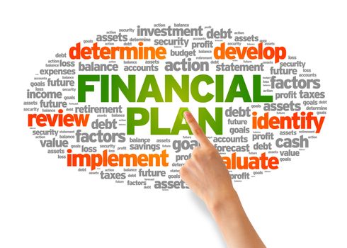 Hand pointing at a Financial Plan Word Illustration on white background.