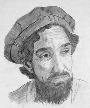 Drawing of Ahmed Shah Massoud commandant with grey pencils