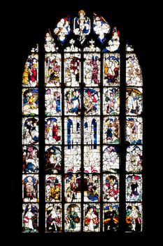 An image of a beautiful church window in the Lorenz Church of Nuremberg Bavaria Germany