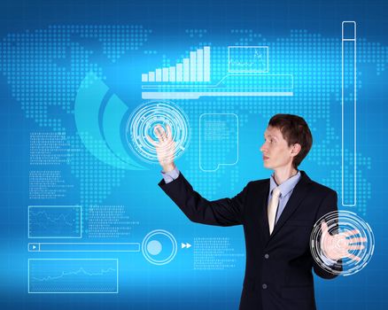 Image of a business person and technology related background