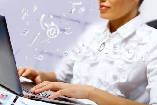 Business person working on computer against technology background