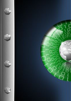 Blue, green and metal business background with globe and reflections
