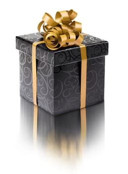 Stylish black present box with golden ribbon bow