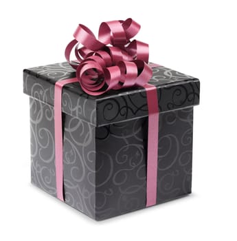 Stylish black present box with purple ribbon and bow