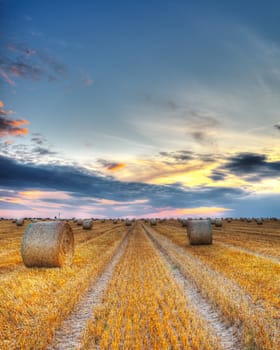 Beautiful sunset over a field with bales of hay.