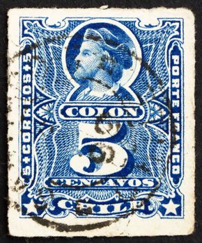 CHILE - CIRCA 1883: a stamp printed in the Chile shows Christopher Columbus, Cristobal Colon, Explorer, Colonizer, Navigator, circa 1883