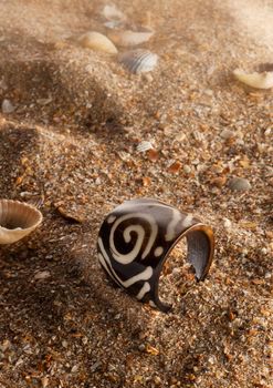 decorated wooden ring accessory on the sea sand
