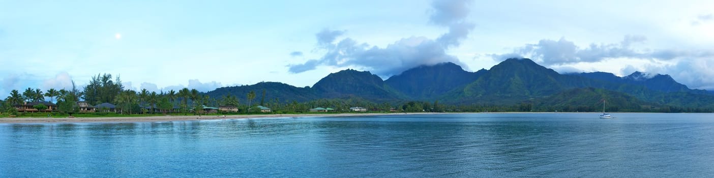 A panoramic shot of Hanalei Bay on the Island of Kauai in Hawaii