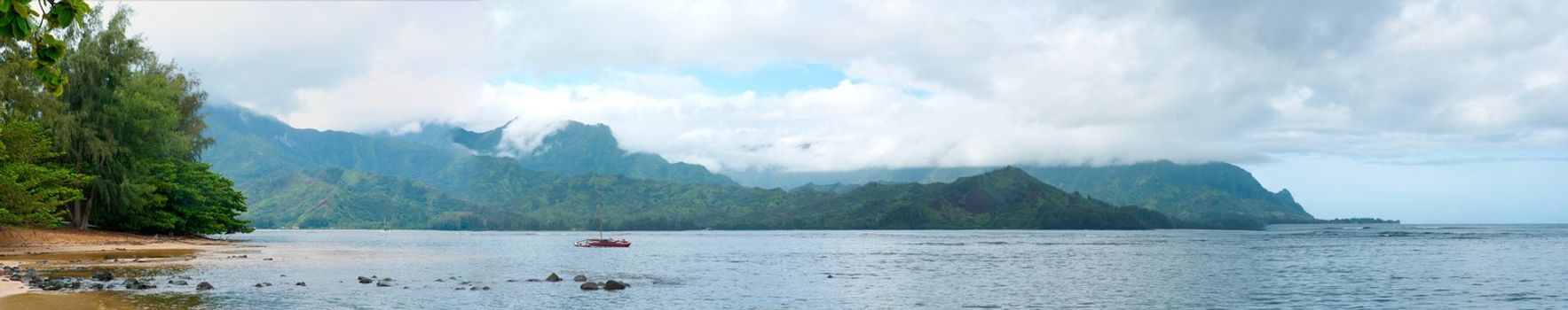 A panoramic shot of Hanalei Bay on the Island of Kauai in Hawaii