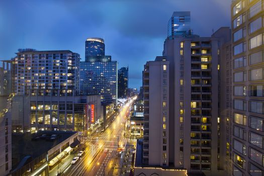 Vancouver BC Canada Downtown During Evening Blue Hour with Light Trails