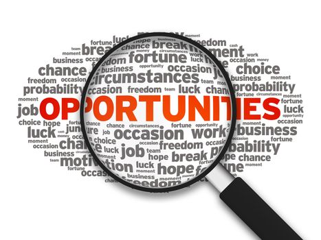 Magnified illustration with the word Opportunities on white background.