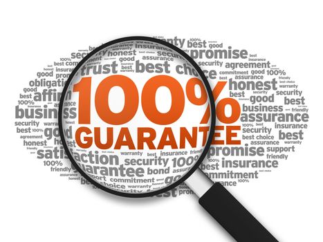 Magnified illustration with the word 100% Guarantee on white background.