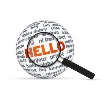 Hello 3d Word Sphere with magnifying glass on white background.