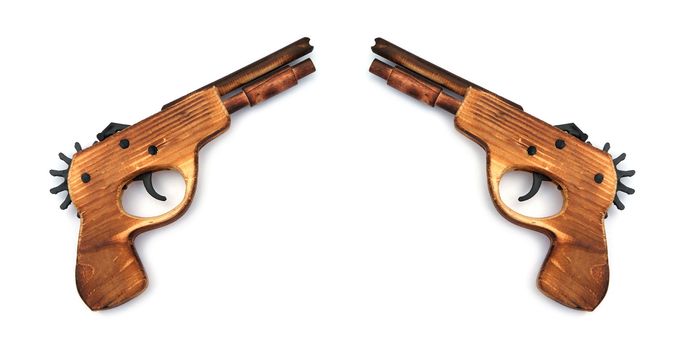 Toy wooden gun for child , on a white background 