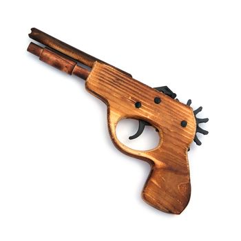 Toy wooden gun for child , on a white background 