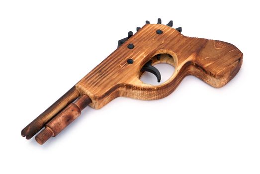 Toy wooden gun for child , on a white background 