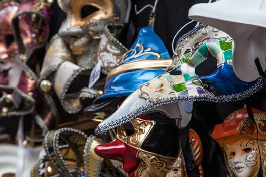 Various Venetian mask on a market stand in Venice.