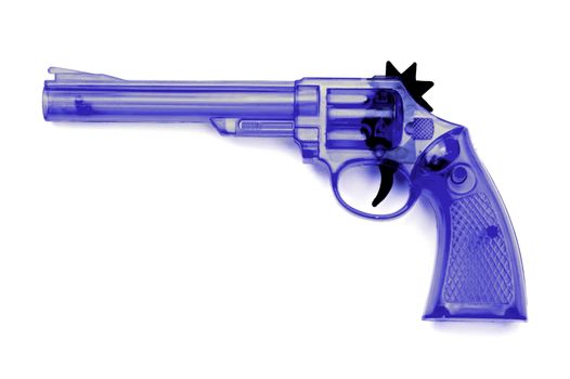 Toy plastic gun for child , on a white background 