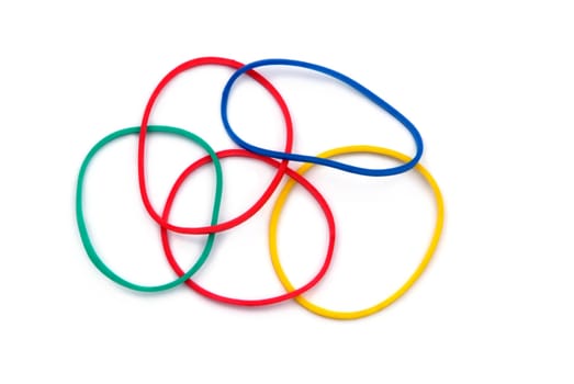 Colorful rubber bands against a white background 