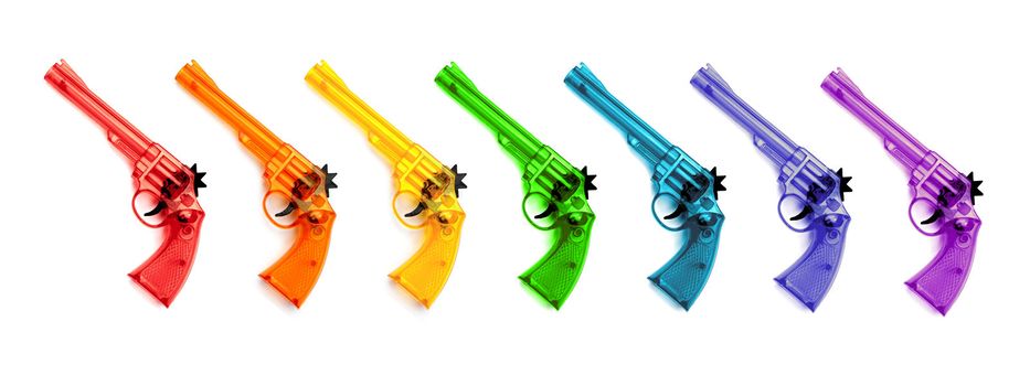 Colorful of plastic guns  for child , on a white background 