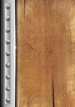 Wood and metal vintage background with bolts and reflections
