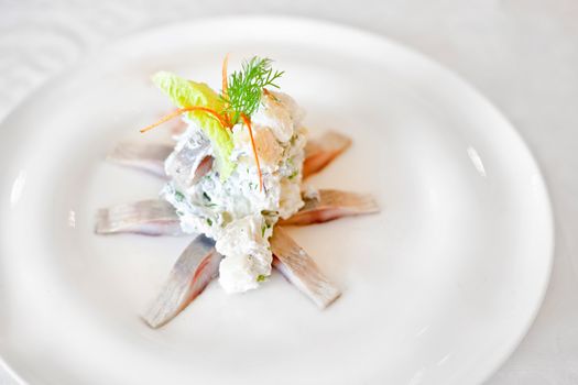 Marinated herring fillets  on a white plate