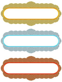 Set of gold, silver and bronze blank globular frames on white background. High resolution 3D image