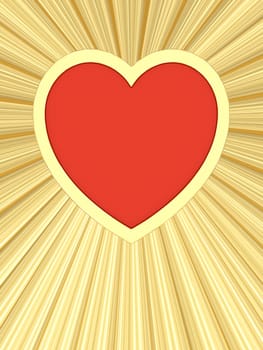 Red heart on background of golden rays. High resolution 3D image