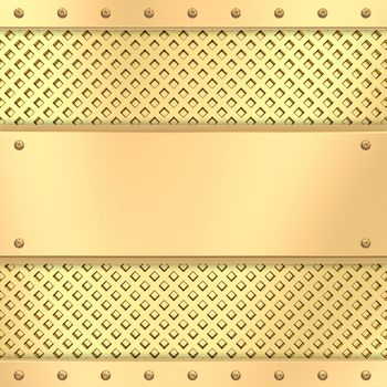 Blank golden plate on grid background with rivets. High resolution 3D image
