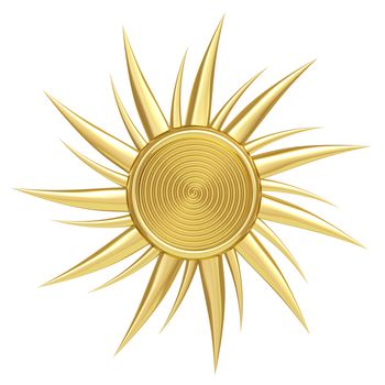 Golden sun symbol isolated on white background. High resolution 3D image