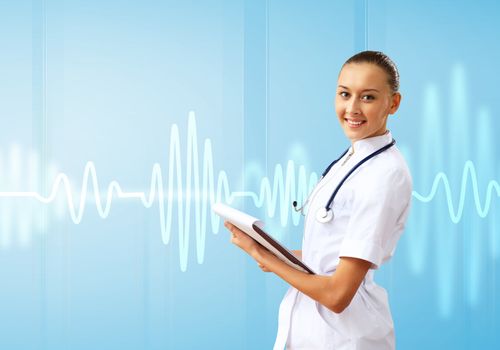 Young doctor in white uniform against technology background