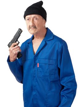 A senior man contemplates suicide whilst holding a handgun.