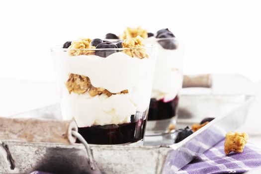 blueberry yoghurt dessert in front of other on a metal tray